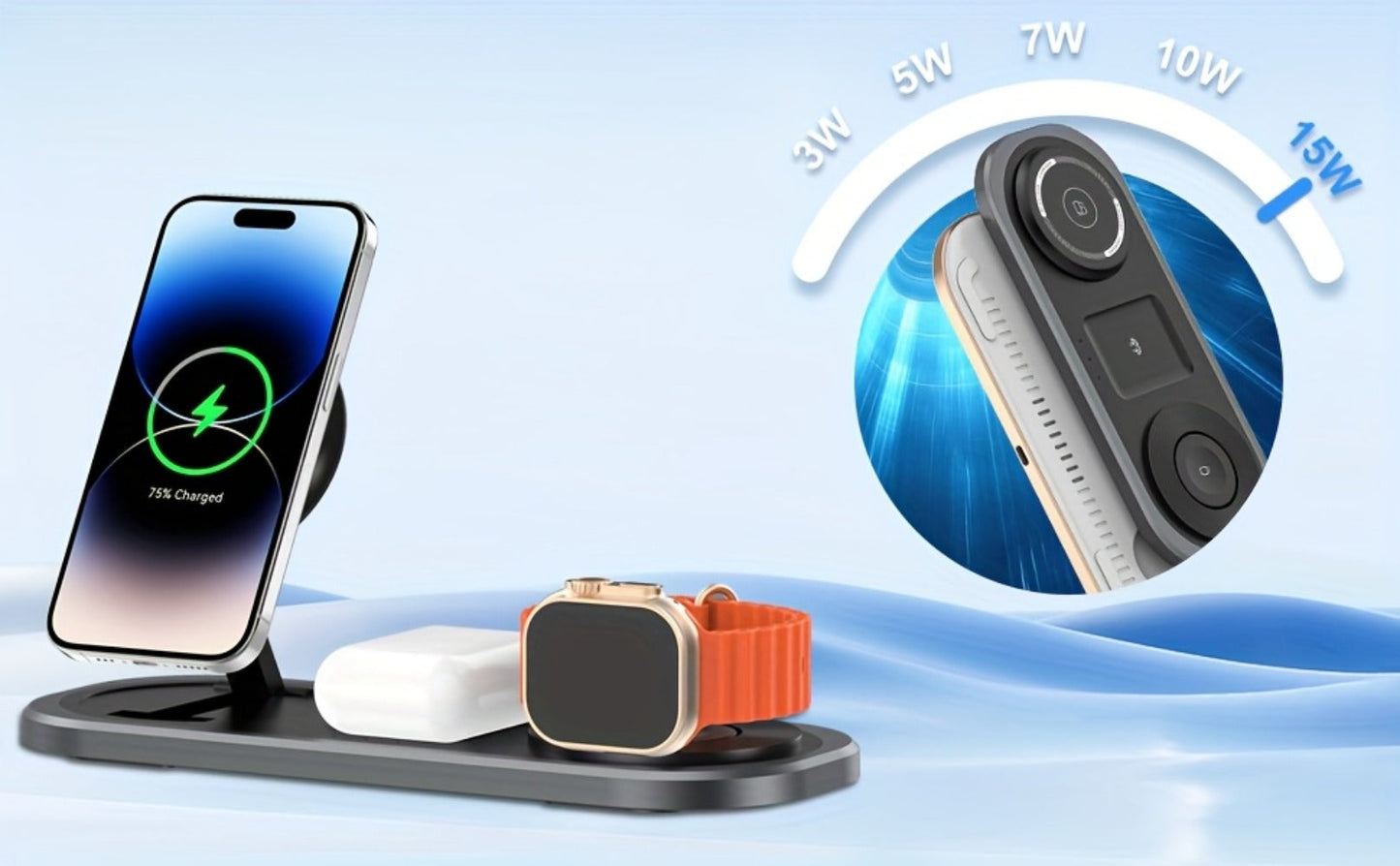 Wireless Charging Station, Foldable 3-in-1 15W Pad for iPhone, Samsung Galaxy, Apple Watch and AirPods Models
