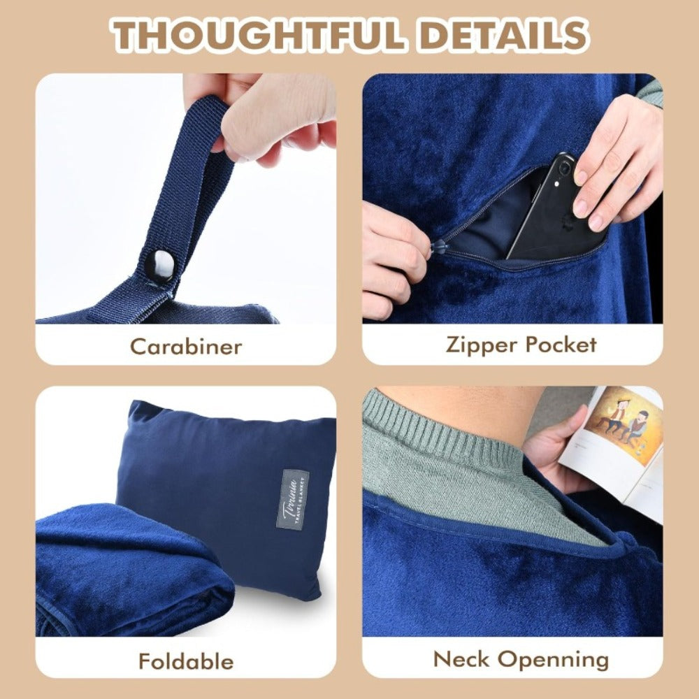 4-in-1 Travel Blanket Airplane – Soft Fleece Poncho Pillow Lumbar Support with Built-in Zipper Bag, Lightweight Packable 40x60in Blanket