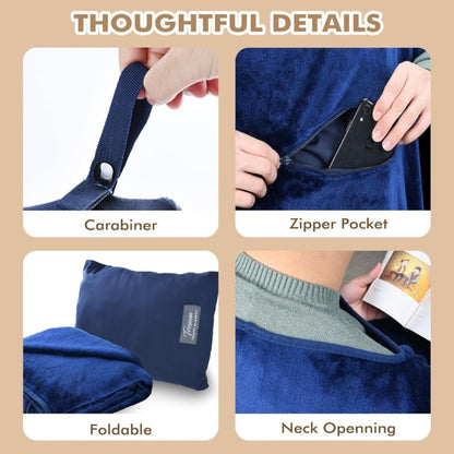 4-in-1 Travel Blanket Airplane – Soft Fleece Poncho Pillow Lumbar Support with Built-in Zipper Bag, Lightweight Packable 40x60in Blanket