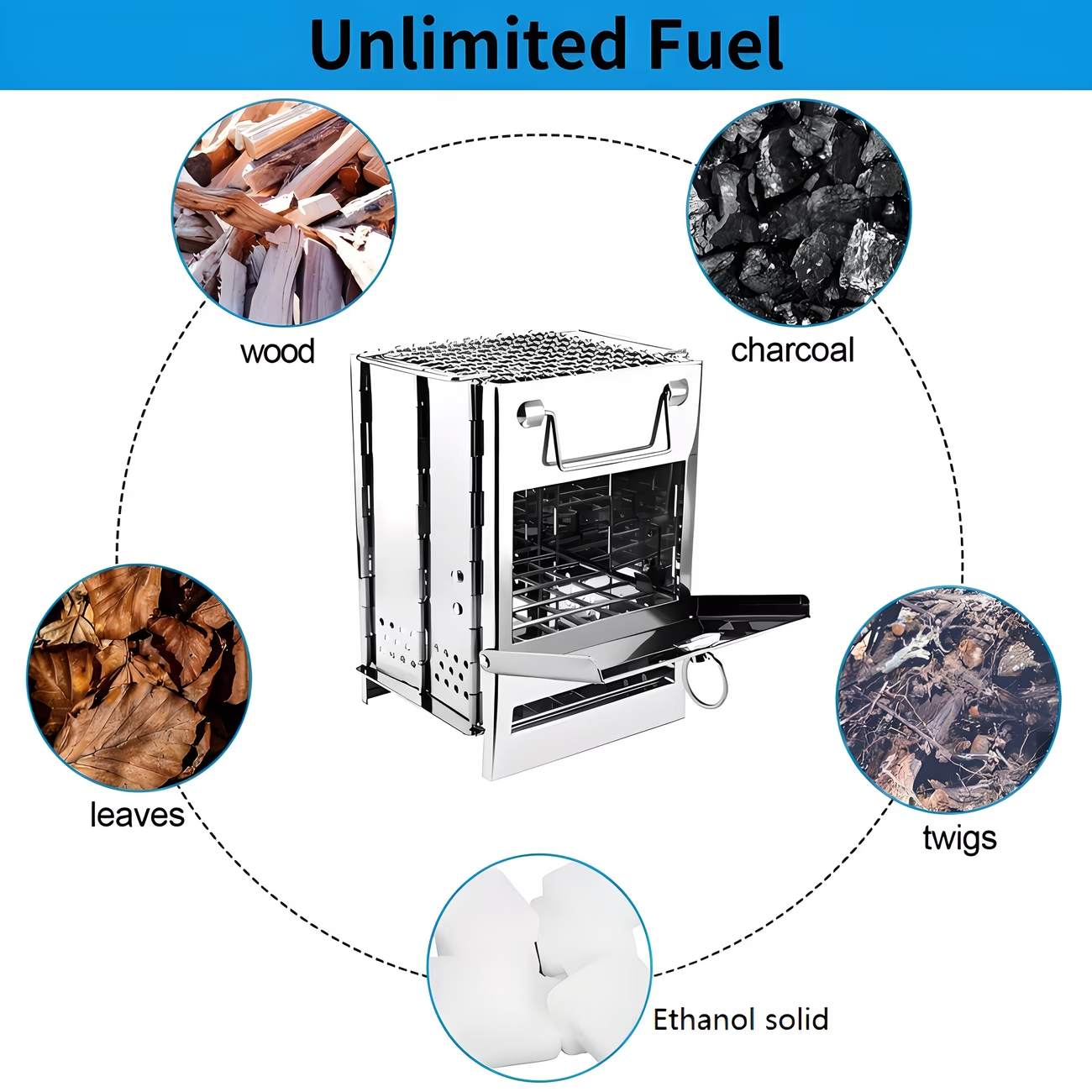 Compact Wood-Burning Camp Stove with Folding Panel Body, Grill Rack, Blowpipe and Storage Bag in Silver Tone