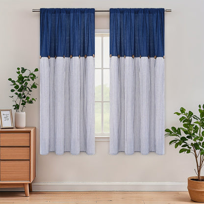 Striped Patchwork Window Curtain Set with Rod-Pocket Top, Six Colors and Five Panel-Count or Size Options