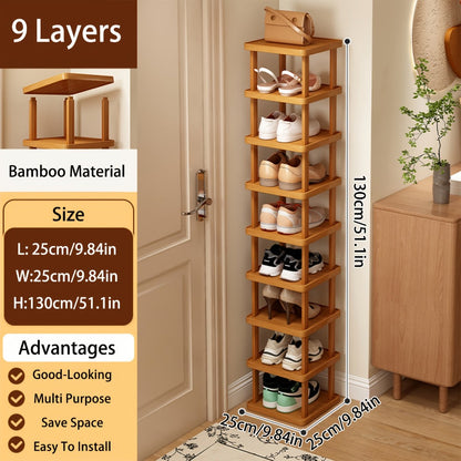Shoe Rack Bamboo Vertical Organizer with 6-Tier or 9-Tier Brown Wood-Grain Freestanding Options