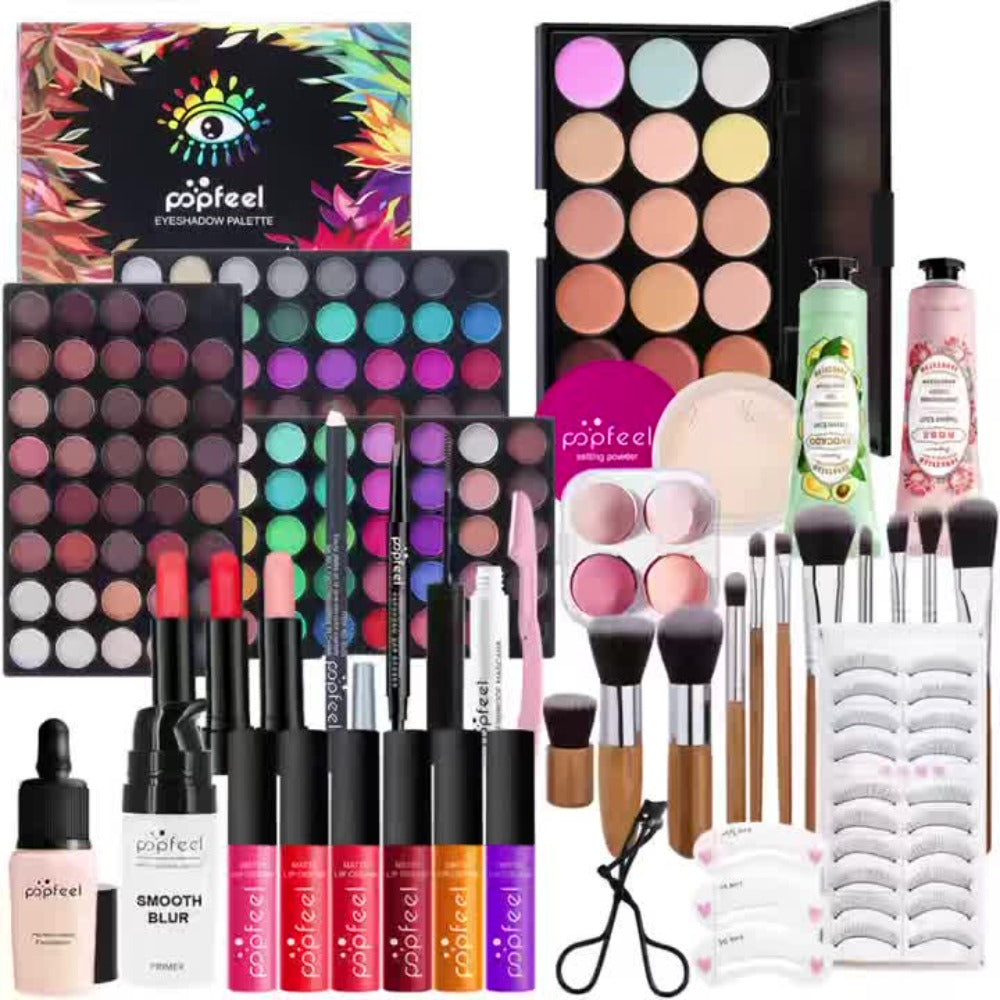 Makeup Gift Set POPFEEL 29-Color Eyeshadow Palette + Mascara + Eyeliner + Brow Pencil + Highlighter Powder + 7-Piece Brush Set | Complete