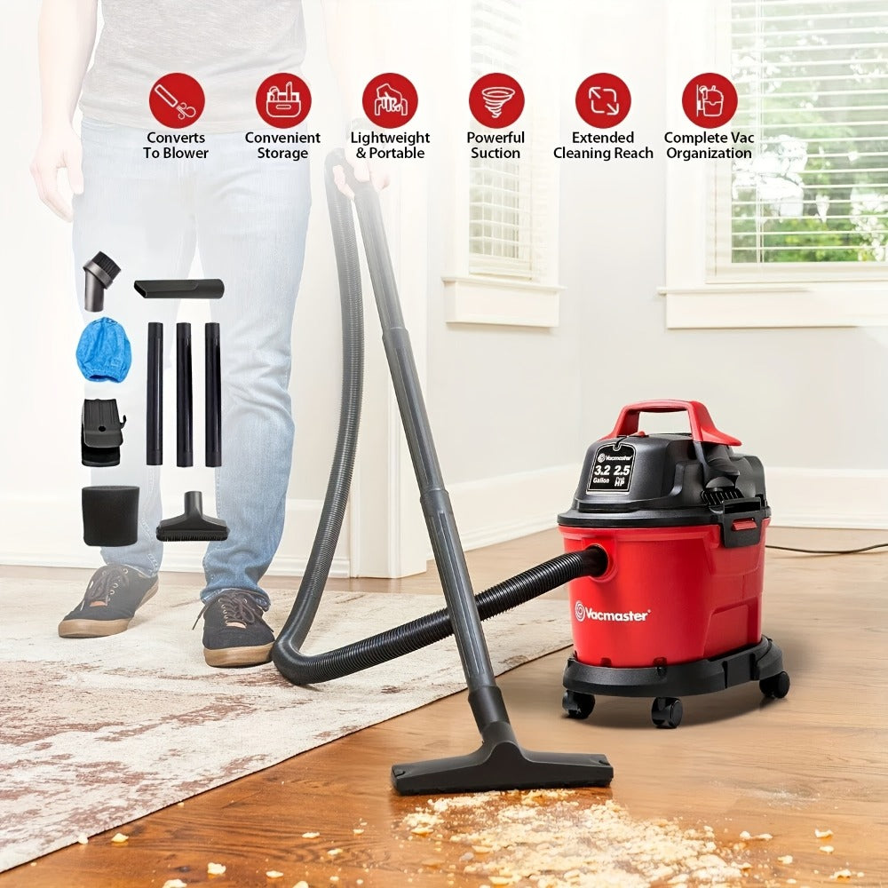 Wall Mount Wet Dry Vacuum 3.2 Gallon 2.5 Peak HP, Space-Saving Shop Vac with Cloth Filter for Wet Spills & Dry Debris