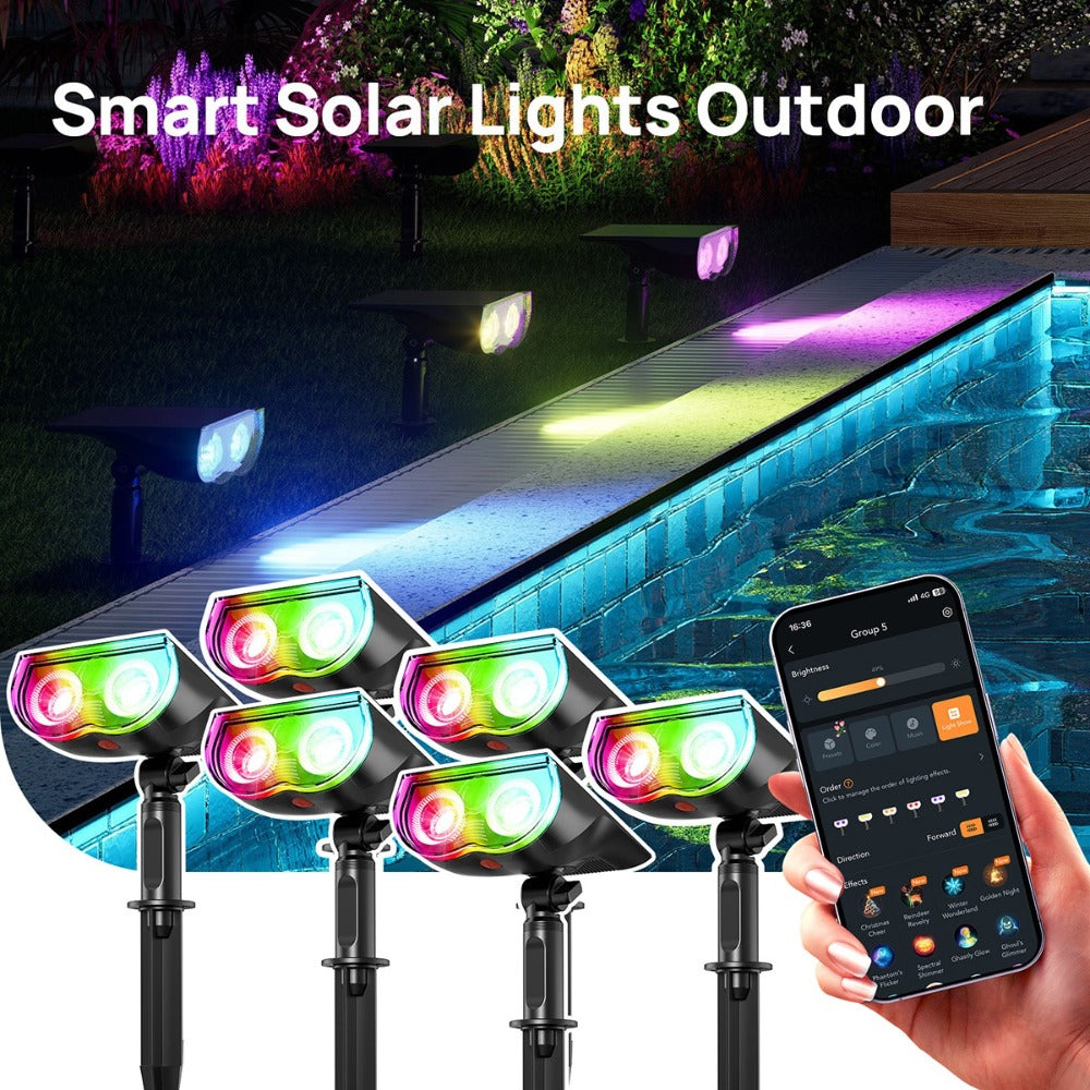 Solar Outdoor Spotlights RGB Smart Color Changing, App & Voice Control, Music Sync, 16M Colors, 14H Battery