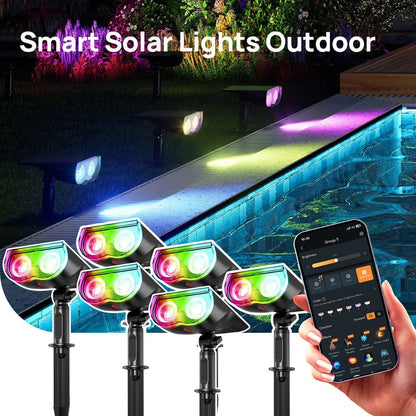 Solar Outdoor Spotlights RGB Smart Color Changing, App & Voice Control, Music Sync, 16M Colors, 14H Battery