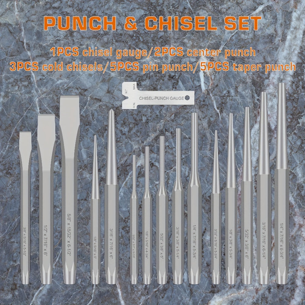 Punch and Chisel Set 16pcs Cr-V Steel with Taper Punch Cold Chisels Pin & Center Punches for Entryways, Bedrooms and Living Spaces