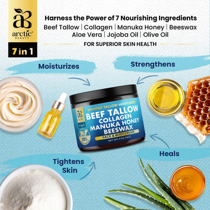 Whipped Beef Tallow Moisturizer – Organic Grass-Fed Face & Body Cream with Manuka Honey, Jojoba Oil, Collagen & Aloe Vera
