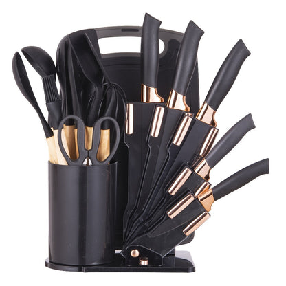 Kitchen Knife Set 19-Piece with Stainless Steel Blades, Wood Handles, Silicone Utensils, Board, Shears and Holder