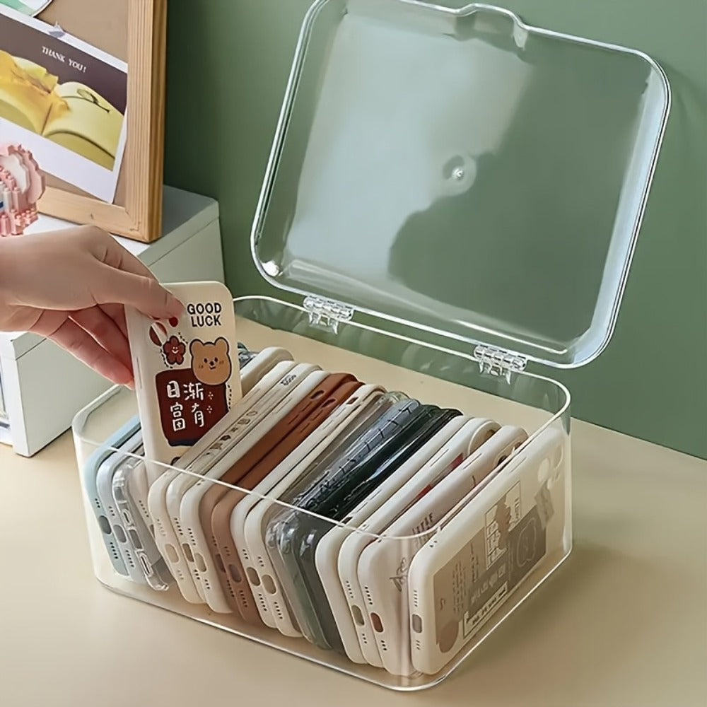Clear Lidded Phone Case Storage Box, 10.2 x 7.9 x 5.1-Inch Desktop Organizer for Accessories