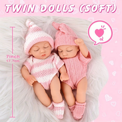 Twin Baby Doll Set with Two 7-Inch Soft Dolls, Pink Knit Hats, Rompers and Two Pairs of Matching Socks