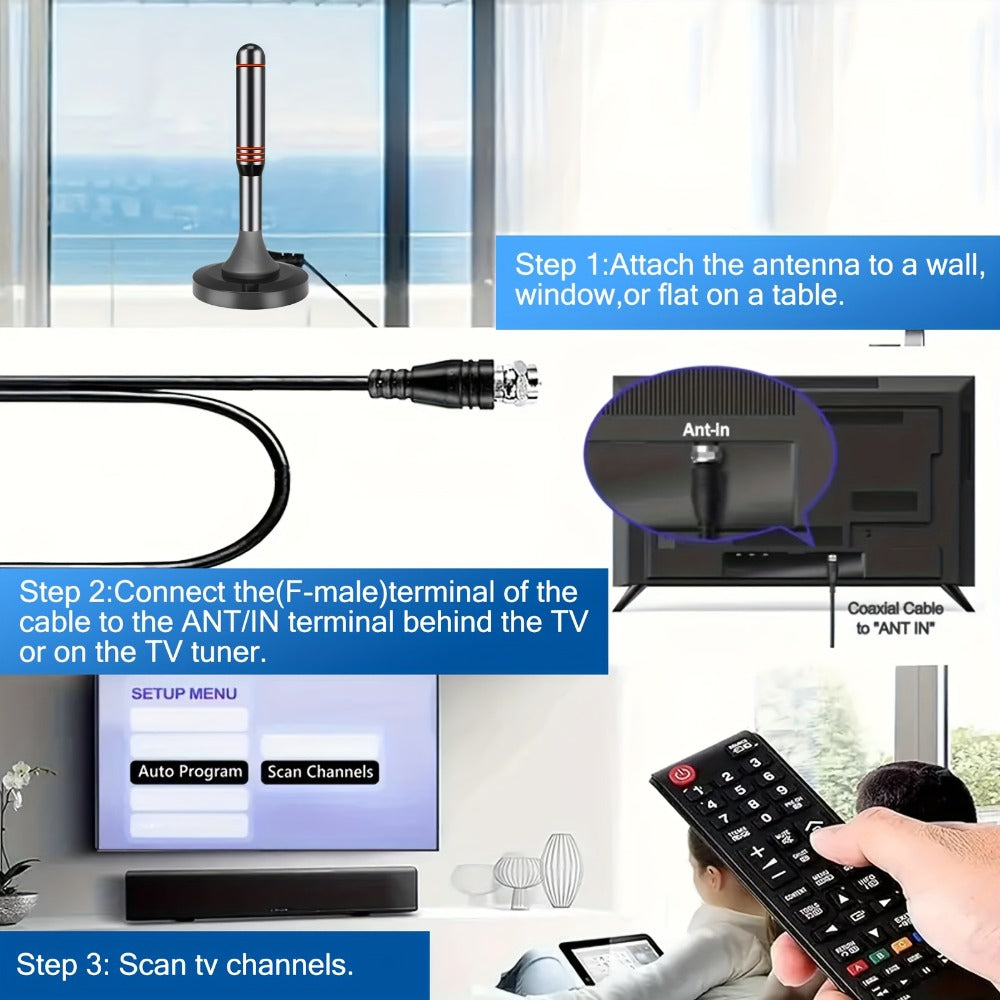 Amplified Indoor HDTV Antenna with Signal Booster & Removable Amplifier – 4K 1080p 360° Reception, Free Local Channels ABC CBS NBC FOX