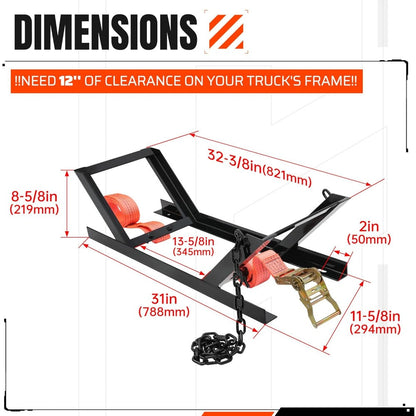Semi Truck Spare Tire Carrier Rack Adjustable Steel Holder with Anti-Sway Chain & Ratchet Strap for Class 8 Semi-Trailers Kenworth Peterbilt