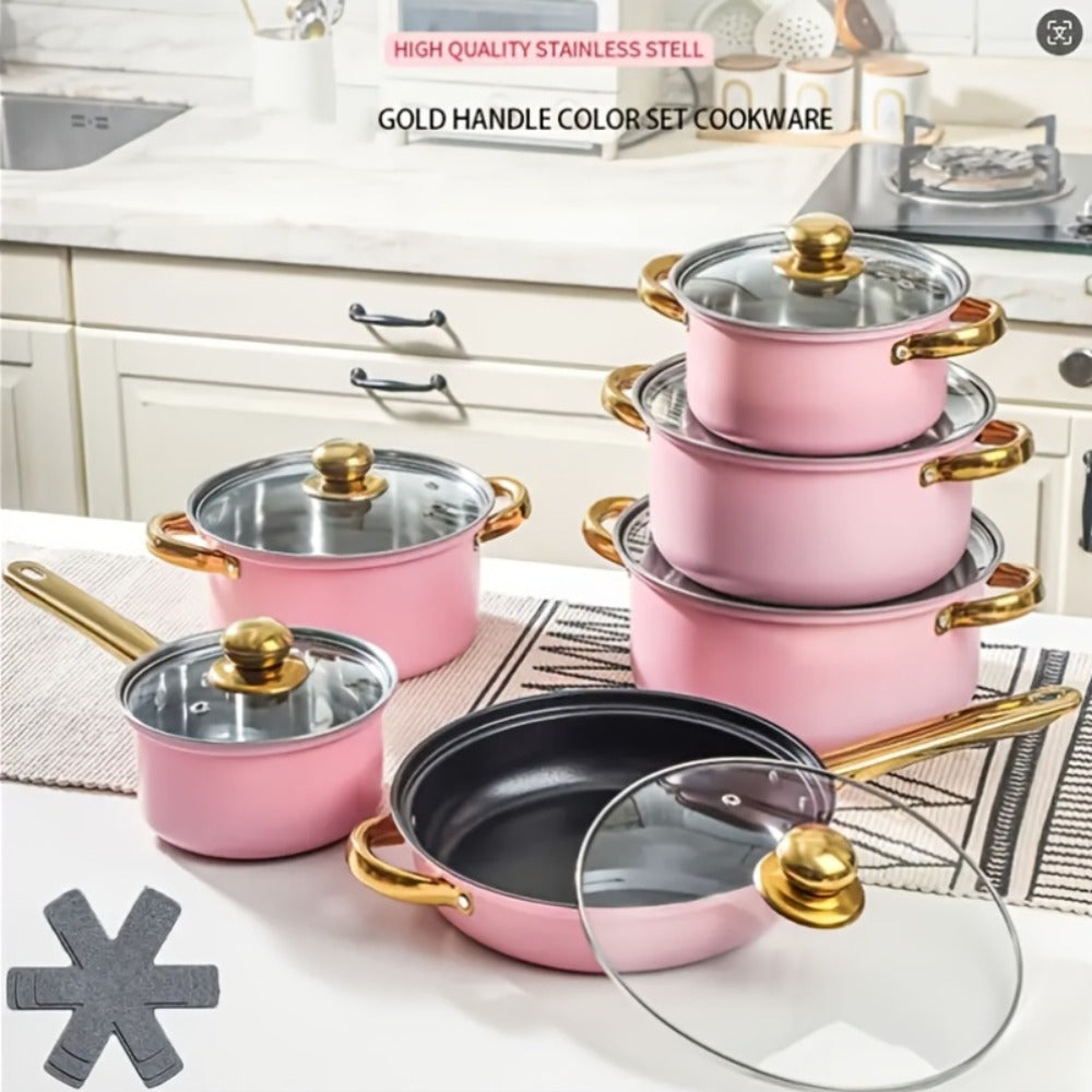 Stainless Steel Deep Pot Cookware Set 10 & 12 Piece with Lids & Dual Handles – Oven Safe Soup Hot Pot Pasta Seafood Stew Pots | Silver Pink