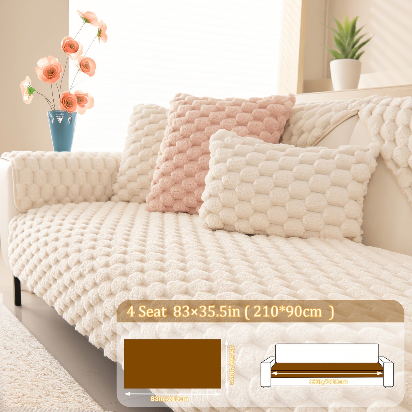 Sofa Cover 35.5-Inch Fuzzy Polyester Single-Piece Pad with Silicone-Dot Backing for 2 to 4 Seats