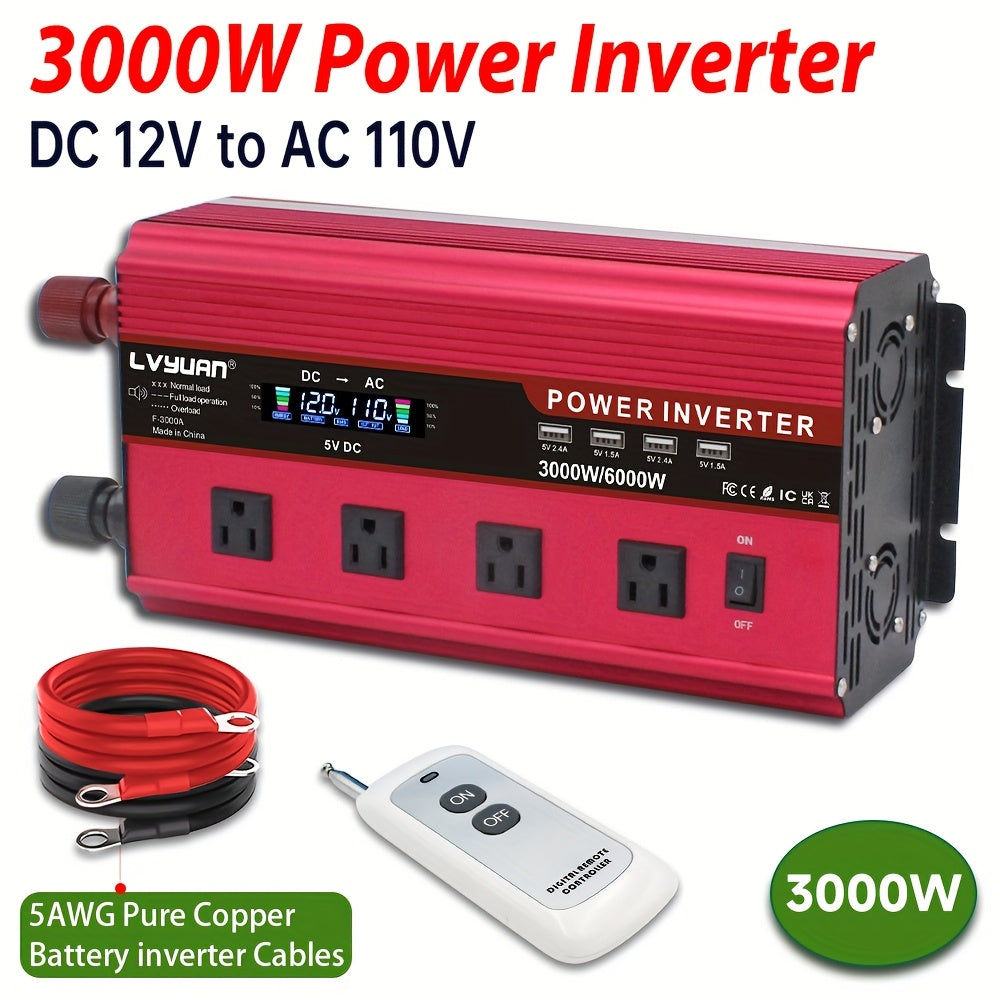 Multi-Format Car Power Inverter with 200W, 1000W or 3000W Labels in Red and Black Options for Vehicles