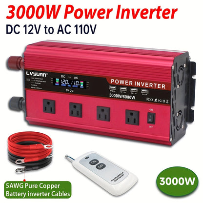 Multi-Format Car Power Inverter with 200W, 1000W or 3000W Labels in Red and Black Options for Vehicles