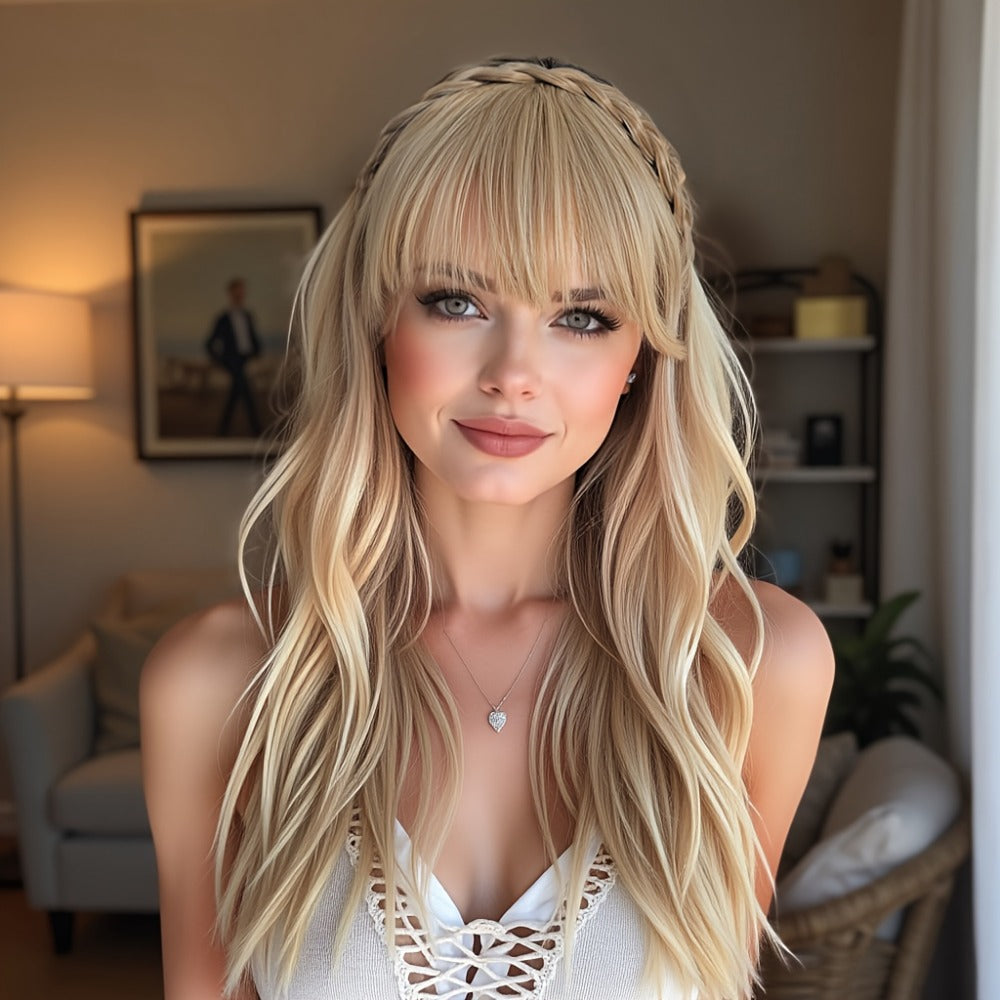 Hair Extensions Synthetic Braided Headband with 4-Inch Bangs, 55g Weight and Four Color Options
