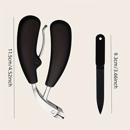 Wide-Jaw Nail Clipper and File Set, Two-Piece Black-Handle Kit with Curved Concave Edge and Stainless-Steel-Labeled Components