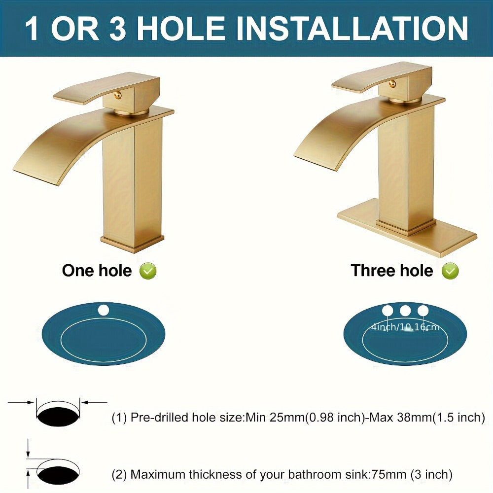 Waterfall Bathroom Sink Faucet, Single Hole or 3-Hole Mixer Tap with 6" Deck Plate, Ceramic Valve