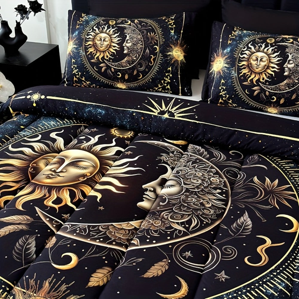 Sun Moon and Planet Print Comforter Set in Black with Twin, Full, Queen and King Size Options