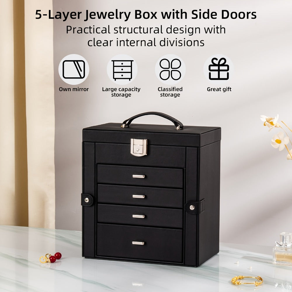 Jewelry Box, Five-Tier PU-Leather Organizer with Built-In Mirror, Key Lock and Three Color Options