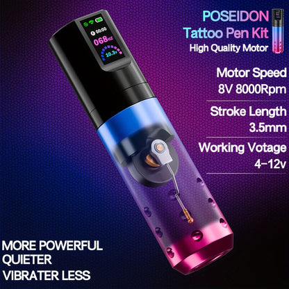 POSEIDON BT02 Tattoo Kit with Wireless Color-Screen Rotary Pen, 20 Cartridges, 11 Inks and Carry Case