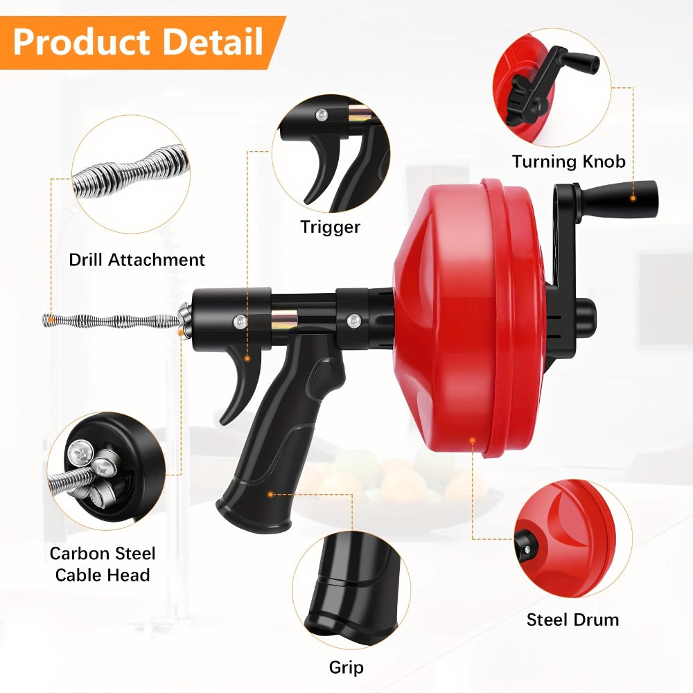 Drain Snake Auger 25ft with Drill Adapter – Manual & Drill-Powered Plumbing Snake, 1/4" Spiral Head for 1-1/4" to 3" Pipes