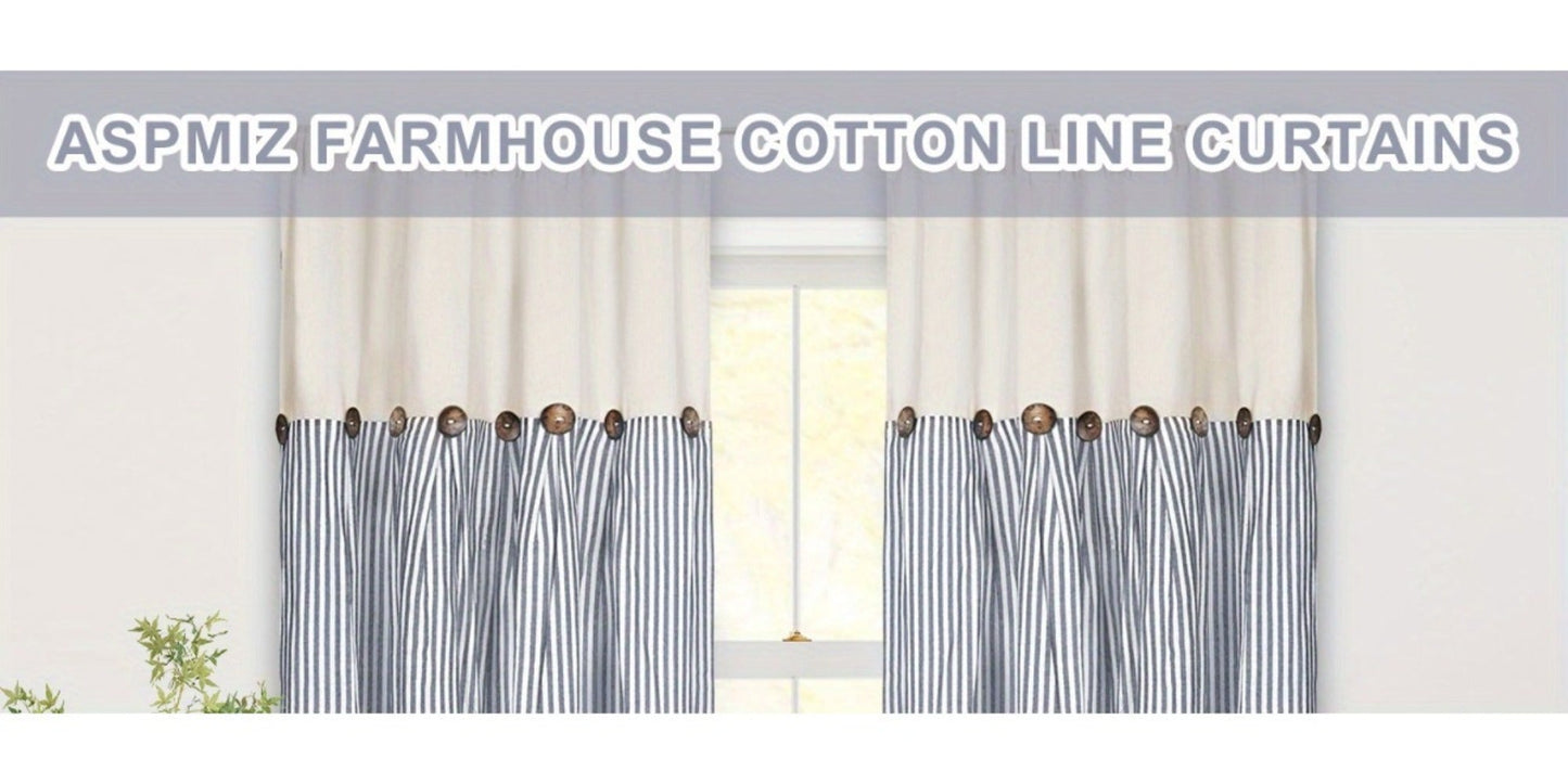Striped Patchwork Window Curtain Set with Rod-Pocket Top, Six Colors and Five Panel-Count or Size Options