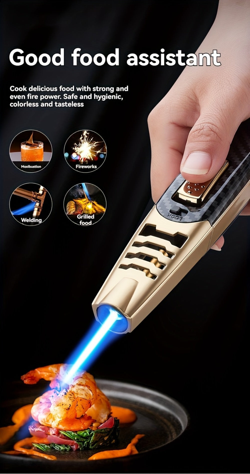 Kitchen Torch Lighter Carbon Fiber Windproof, Adjustable High-Temperature Flame with Safety Lock