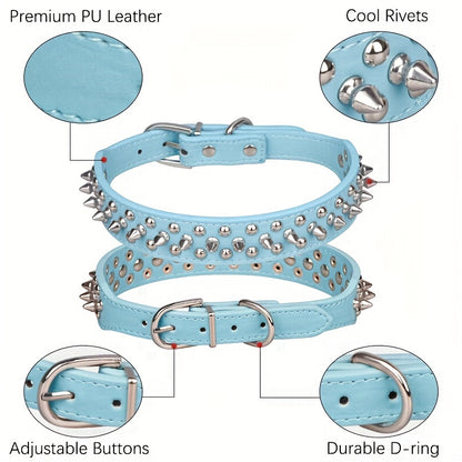 Rivet Dog Collar Bite Resistant with Leash Set, Heavy Duty Metal Buckle Pet Collar for Medium Large Dogs, Adjustable Sizes XS–XXL