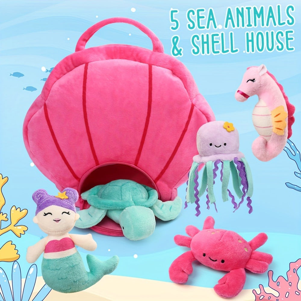 Plush Toy Five-Piece Ocean Creature Set with Mermaid, Sea Animals and Pink Shell Carry Bag
