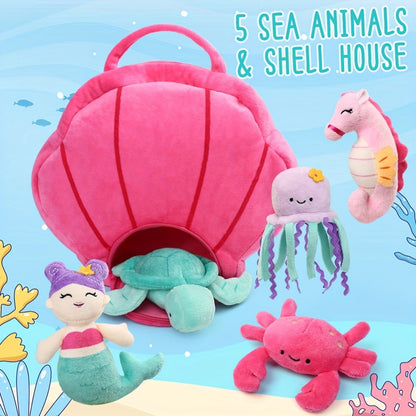 Plush Toy Five-Piece Ocean Creature Set with Mermaid, Sea Animals and Pink Shell Carry Bag