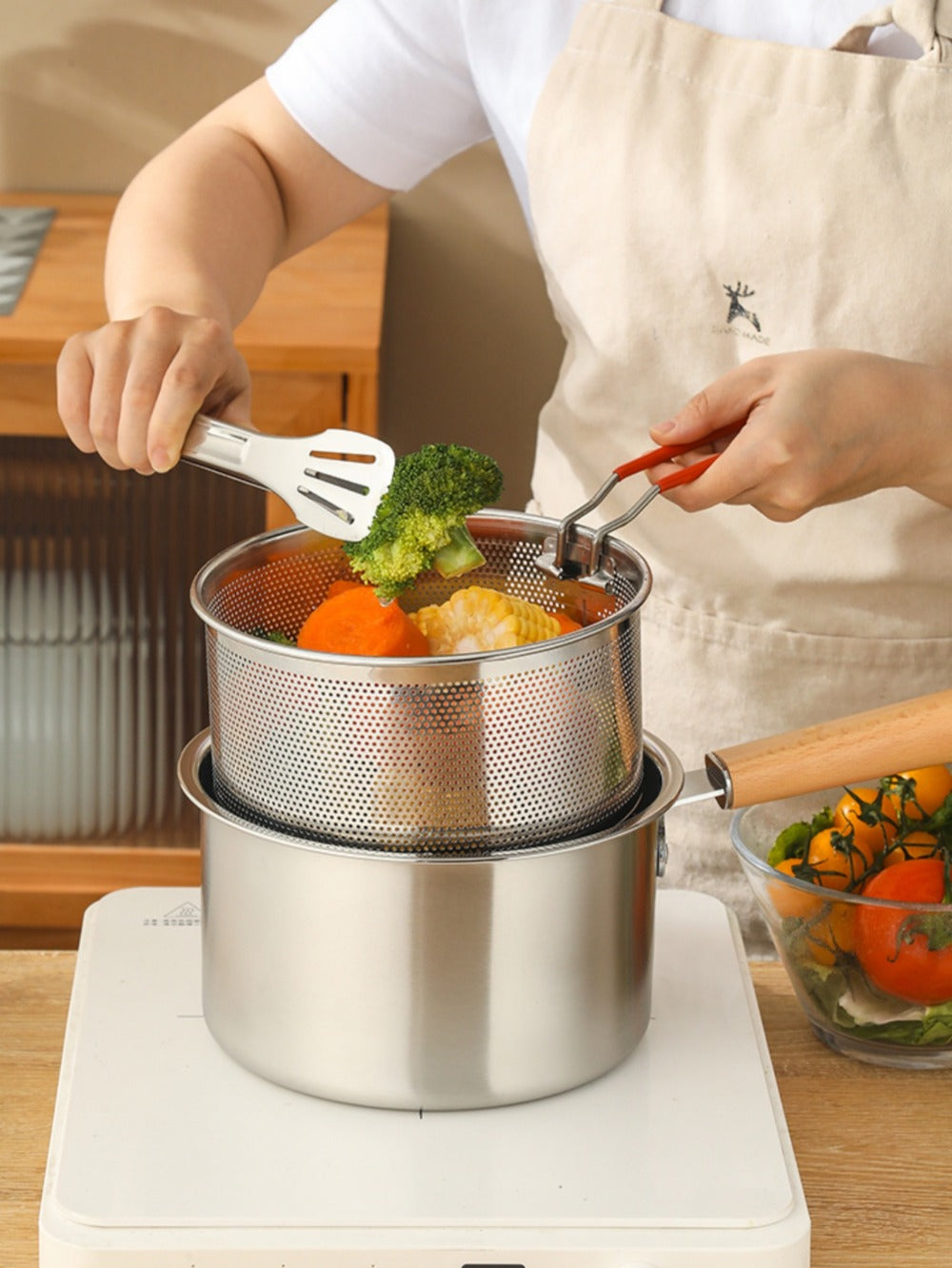 Stainless Steel Deep Fryer Pot Set with Frying Basket & Glass Lid, Non-Stick Multi-Function Cookware for Deep Frying, Noodles