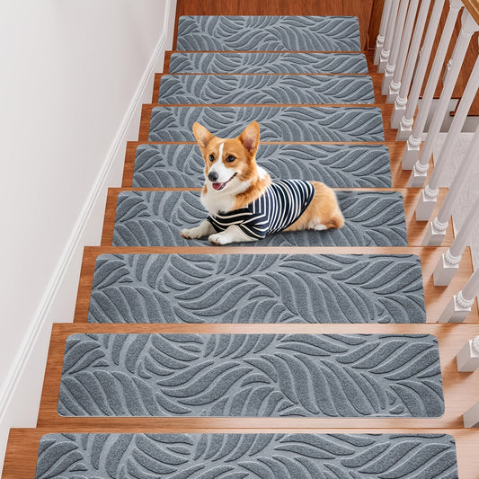Stair Treads 15pcs 8"x30" Self-Adhesive Carpet Pads for Wooden Steps, Polyester Indoor Stair Mats for Safety