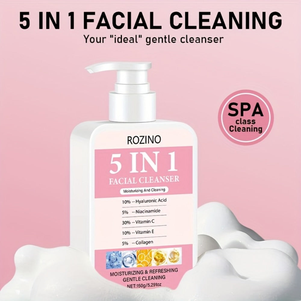 Brightening Face Wash 5-in-1 with Hyaluronic Acid Niacinamide Vitamin C Vitamin E & Collagen – Rich Foam Deep Cleansing Moisturizing Glow