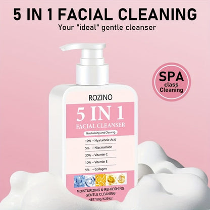 Brightening Face Wash 5-in-1 with Hyaluronic Acid Niacinamide Vitamin C Vitamin E & Collagen – Rich Foam Deep Cleansing Moisturizing Glow