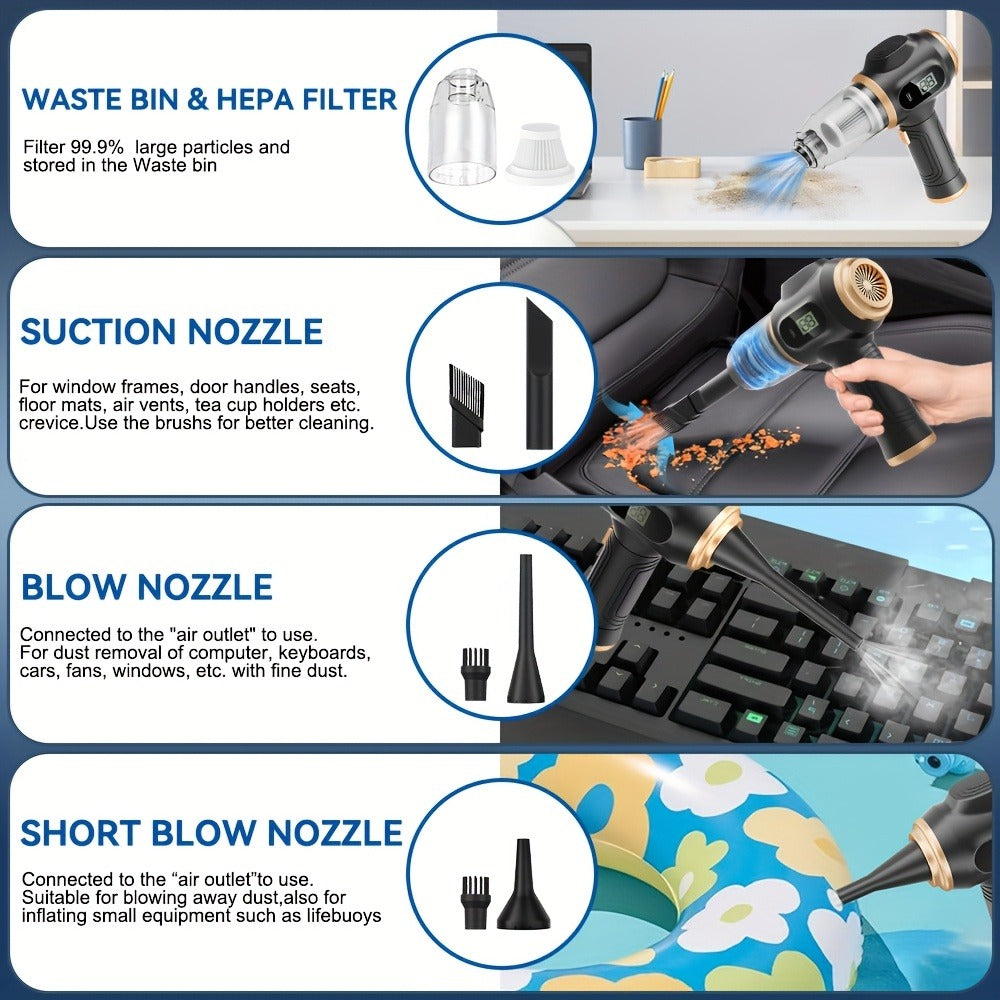 Cordless Handheld Vacuum Cleaner with LCD Display & Multi-Nozzles, 9000Pa Suction 50000RPM HEPA Filter