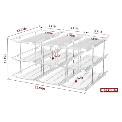 Can Storage Organizer 36-Can 3-Tier Auto-Rolling PET Rack with Assembly Detail for Pantry Use