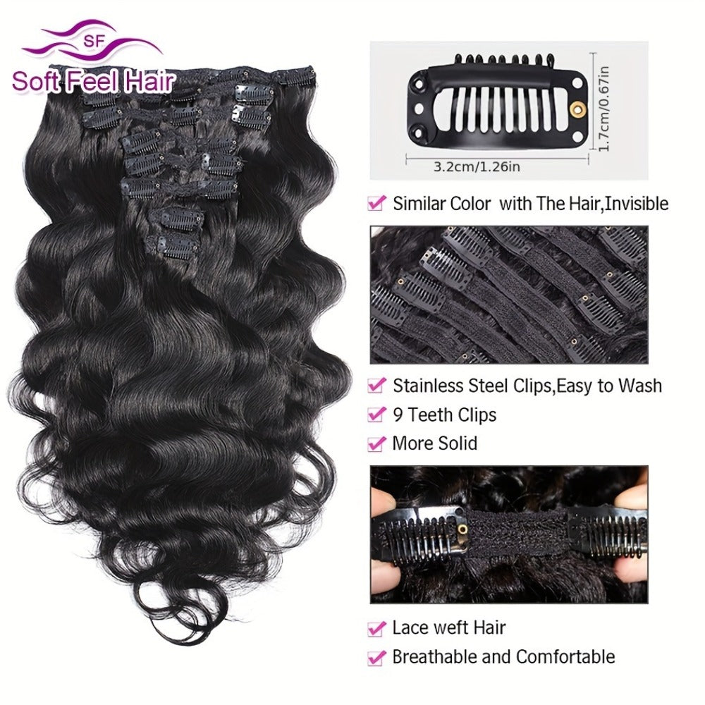 Clip In Human Hair Extensions Body Wave 8pcs 120g Full Head Real Human Hair Clip Ins Natural, for Home, Travel and Salon Hair Styling
