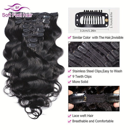Clip In Human Hair Extensions Body Wave 8pcs 120g Full Head Real Human Hair Clip Ins Natural, for Home, Travel and Salon Hair Styling