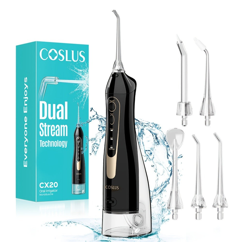 Water Flosser COSLUS CX20 Cordless Oral Irrigator with 300ml Detachable Tank, Five Tips, Rotating Nozzle and Gold Accents