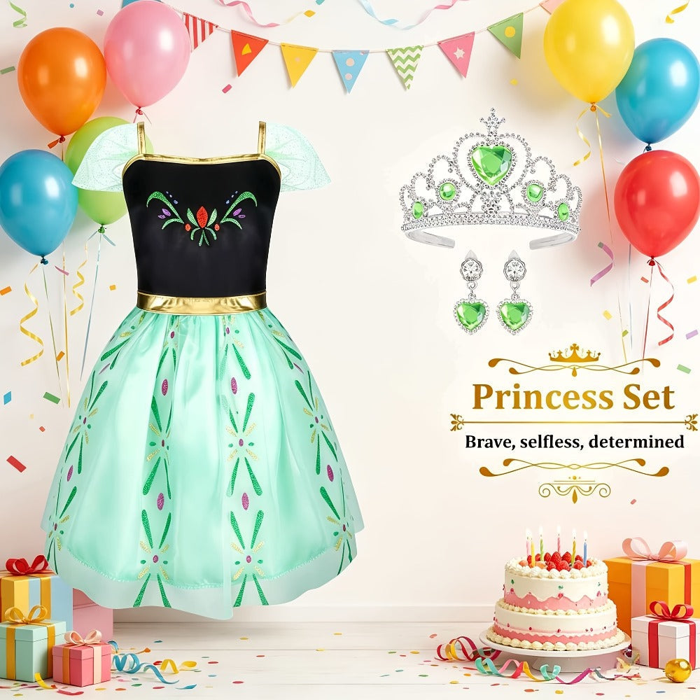 Girls Princess Dress Up Costume Set 14pcs, 5 Role Play Outfits with Crowns, Earrings & Storage Box