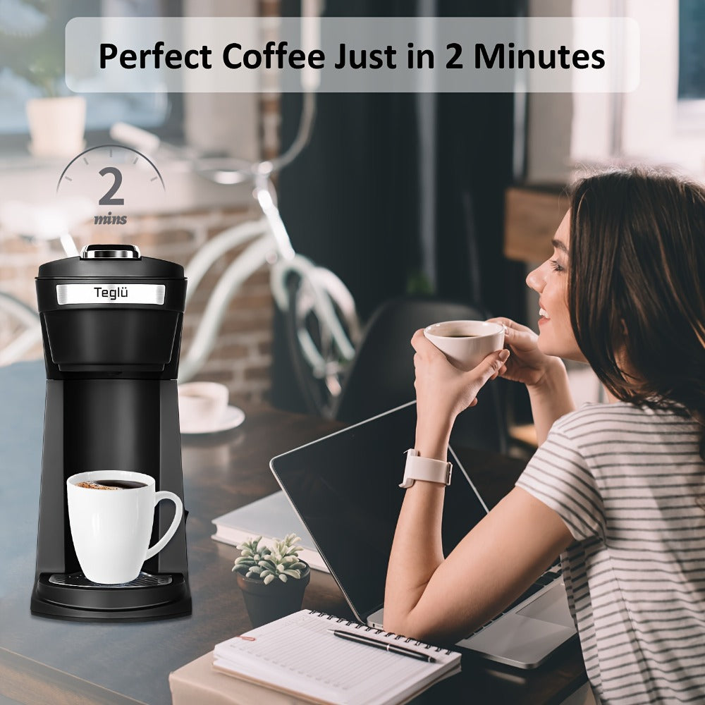 Single-Serve Coffee Maker for Pods or Grounds with 6-14oz Fill Labels, One-Button Control and Four Colors