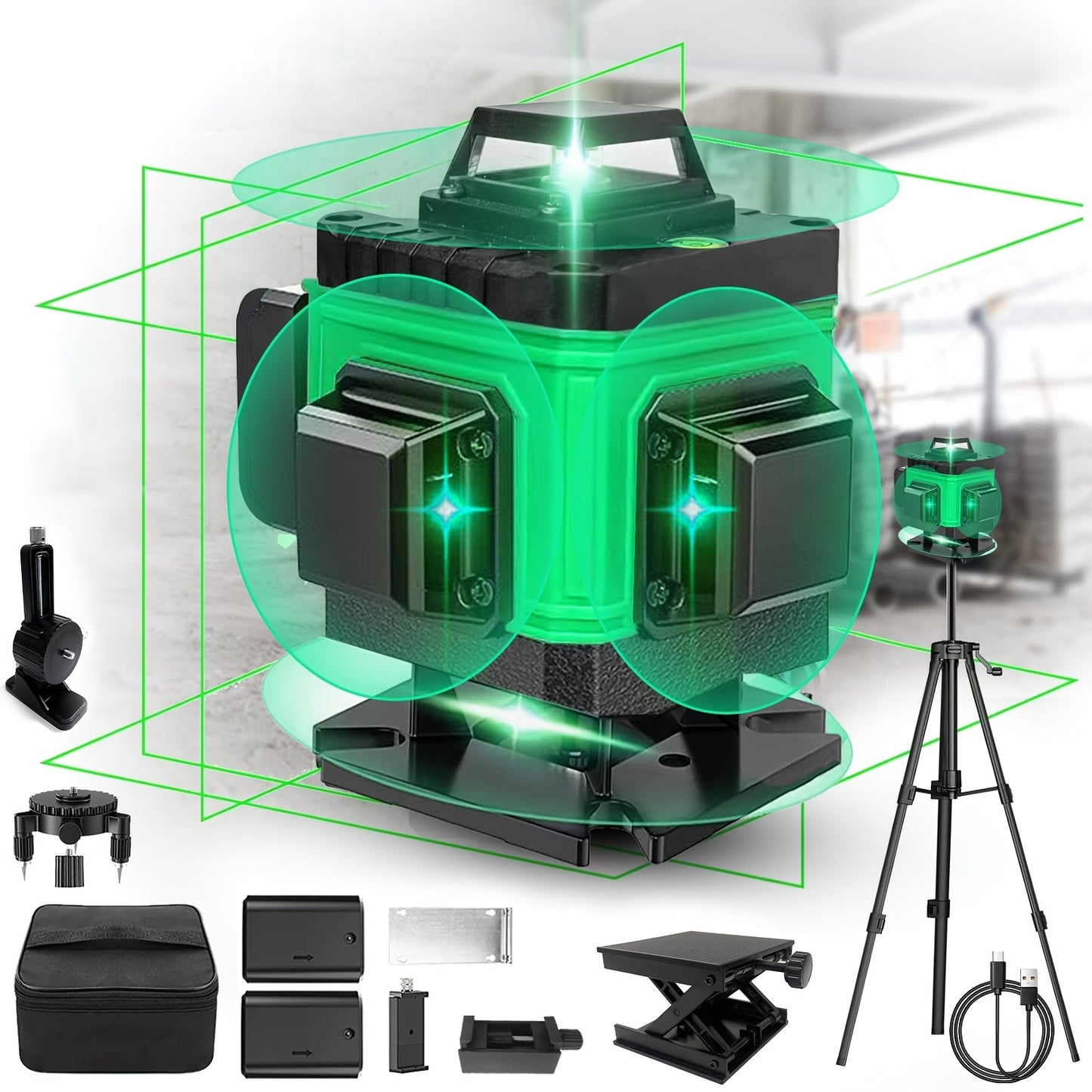 16-Line 4D Laser Level 360° Self-Leveling Cross Line Laser with Rechargeable Battery, Professional Rotary Laser for Construction