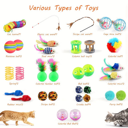 Cat Toys Set 32 Pcs Interactive Kitten Toy Assortment with Rainbow Tunnel, Feather Teaser Wand, Sisal Mice, Bell Balls & Crinkle Balls