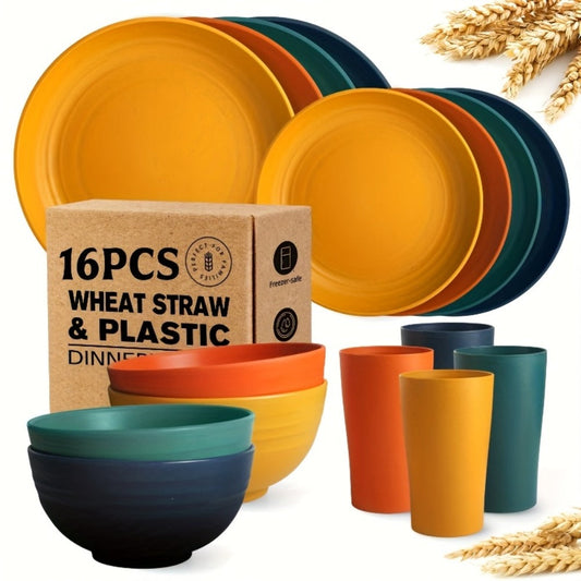 Wheat Straw Dinnerware Set 16 or 32 Piece – Plates & Bowls for 4 or 8 People, Microwave & Dishwasher Safe Plastic Dish Set