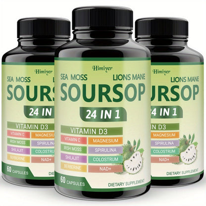 Soursop Graviola Capsules 24-in-1 Herbal Blend – Turmeric Spirulina Sea Moss Vitamin D3 Bitter Leaf | Immune Defense Antioxidant Gut Energy