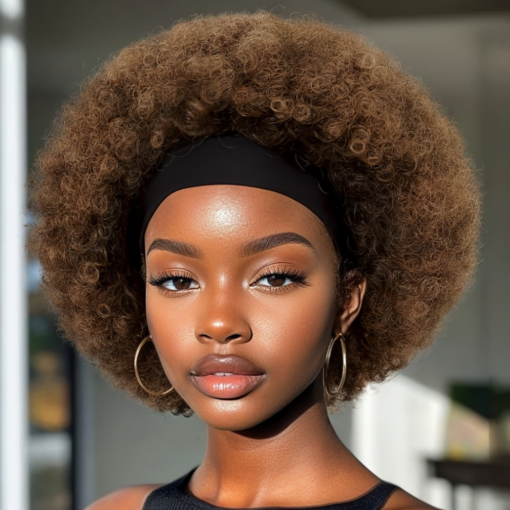Afro Curly Headband Wig for Women Short Kinky Curly 180% Density – No Lace No Glue Synthetic Wig with Attached Headband, Heat Resistant