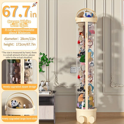 Stuffed Animal Storage Bin Transparent Cylindrical with Zipper, Large Plush Toy Organizer for Kids Bedroom Living Room
